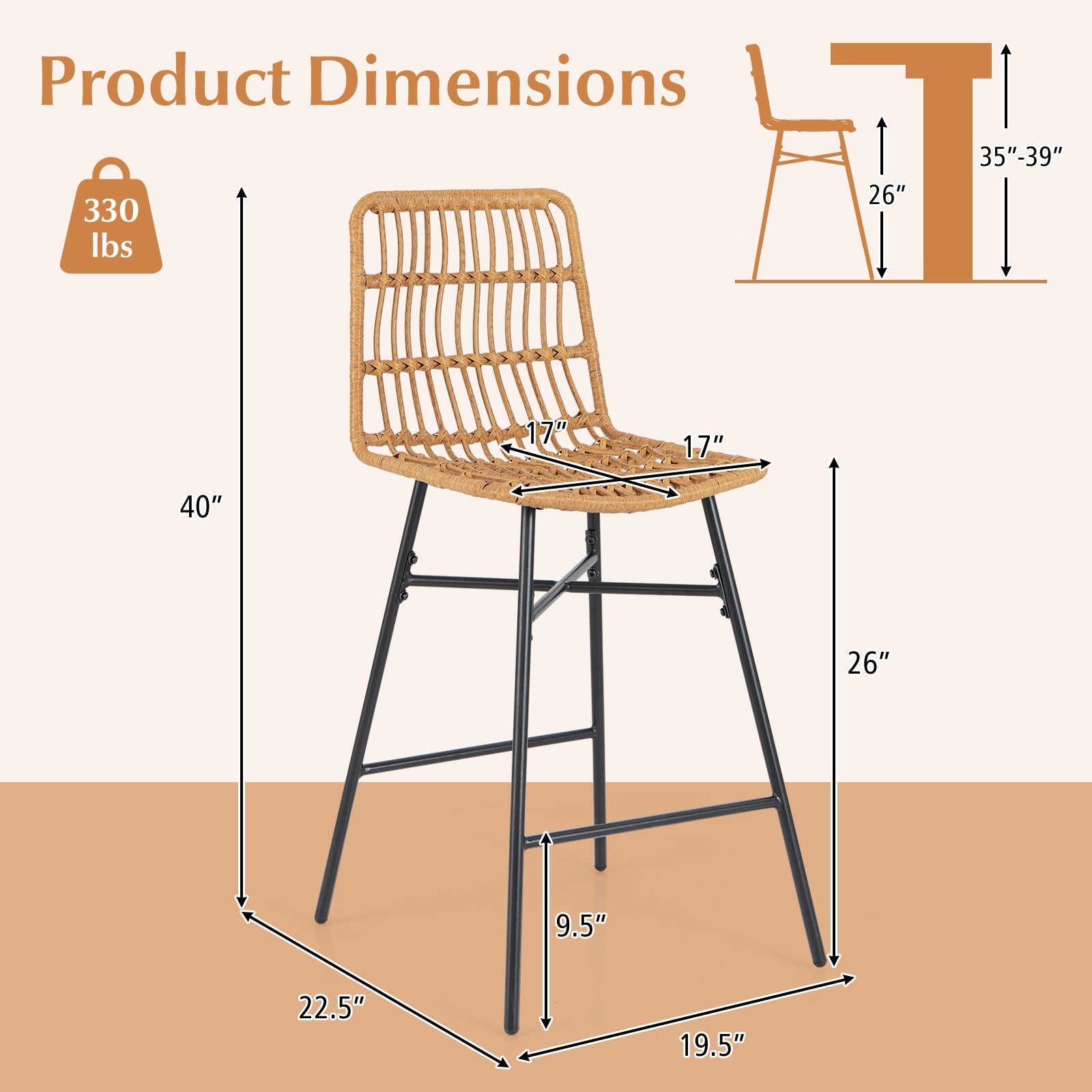 Set of 2 Rattan Bar Stools with Sturdy Metal Frame-Yellow