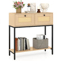 Rattan Console Table Boho Entryway Table with 2 Rattan Drawers and Open Storage Shelf