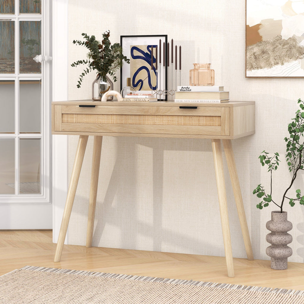 Rattan Console Table with Pull-out Drawer Boho Style Entryway Table-Natural