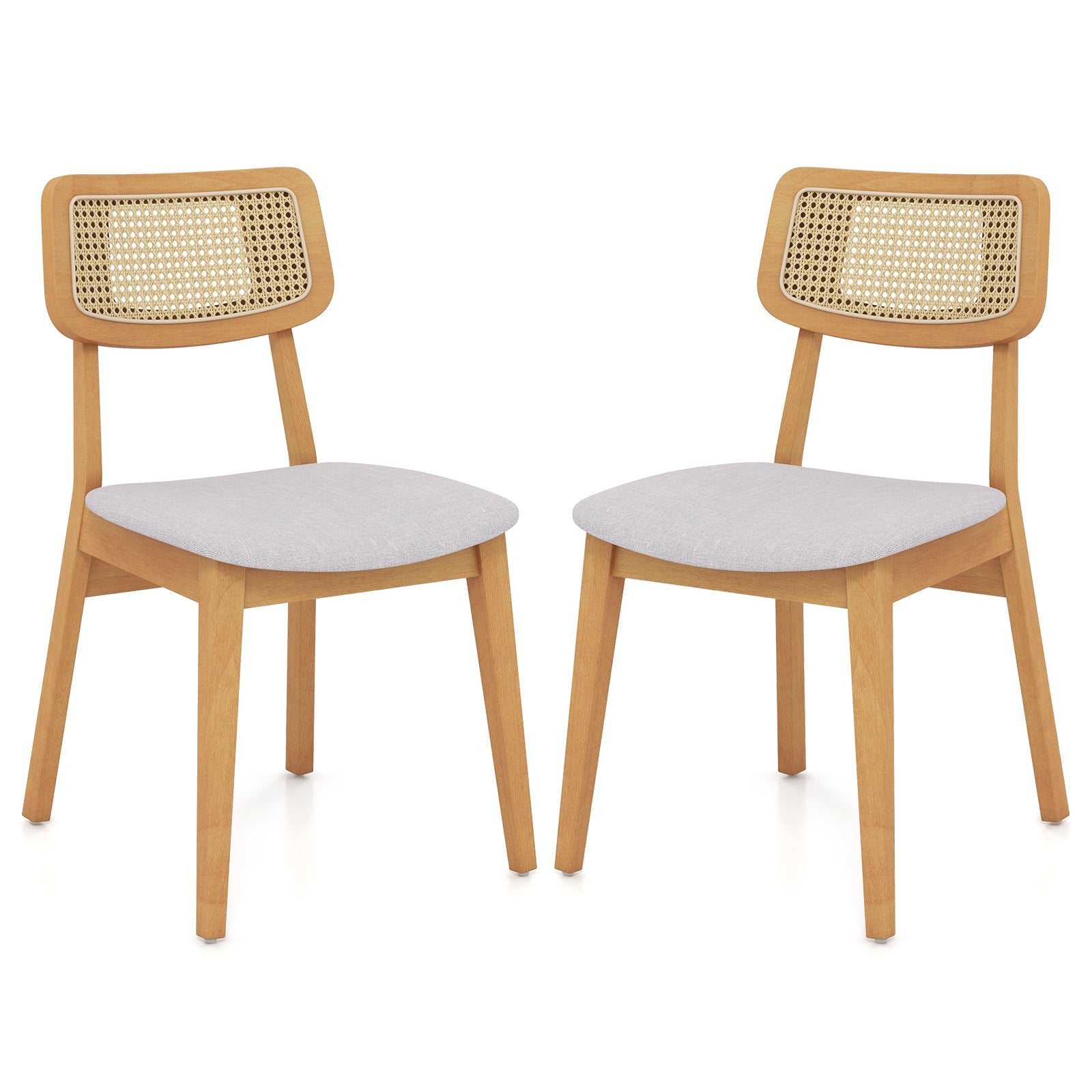 Rattan Dining Chair Set of 2 with Can Back and Rubber Wood Frame-Natural