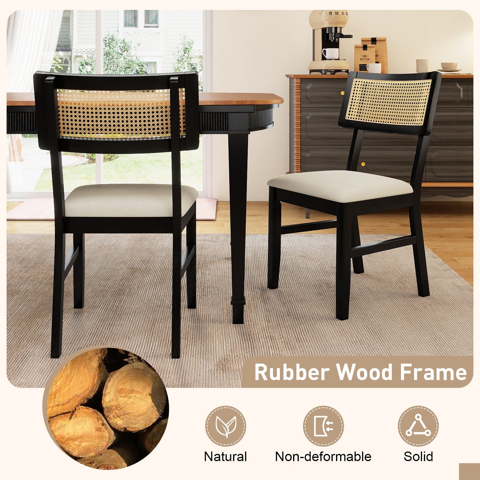 Rattan Dining Chairs Set of 4 Fabric Upholstered Kitchen Chairs with Padded Seat and Rubber Wood Legs-Black