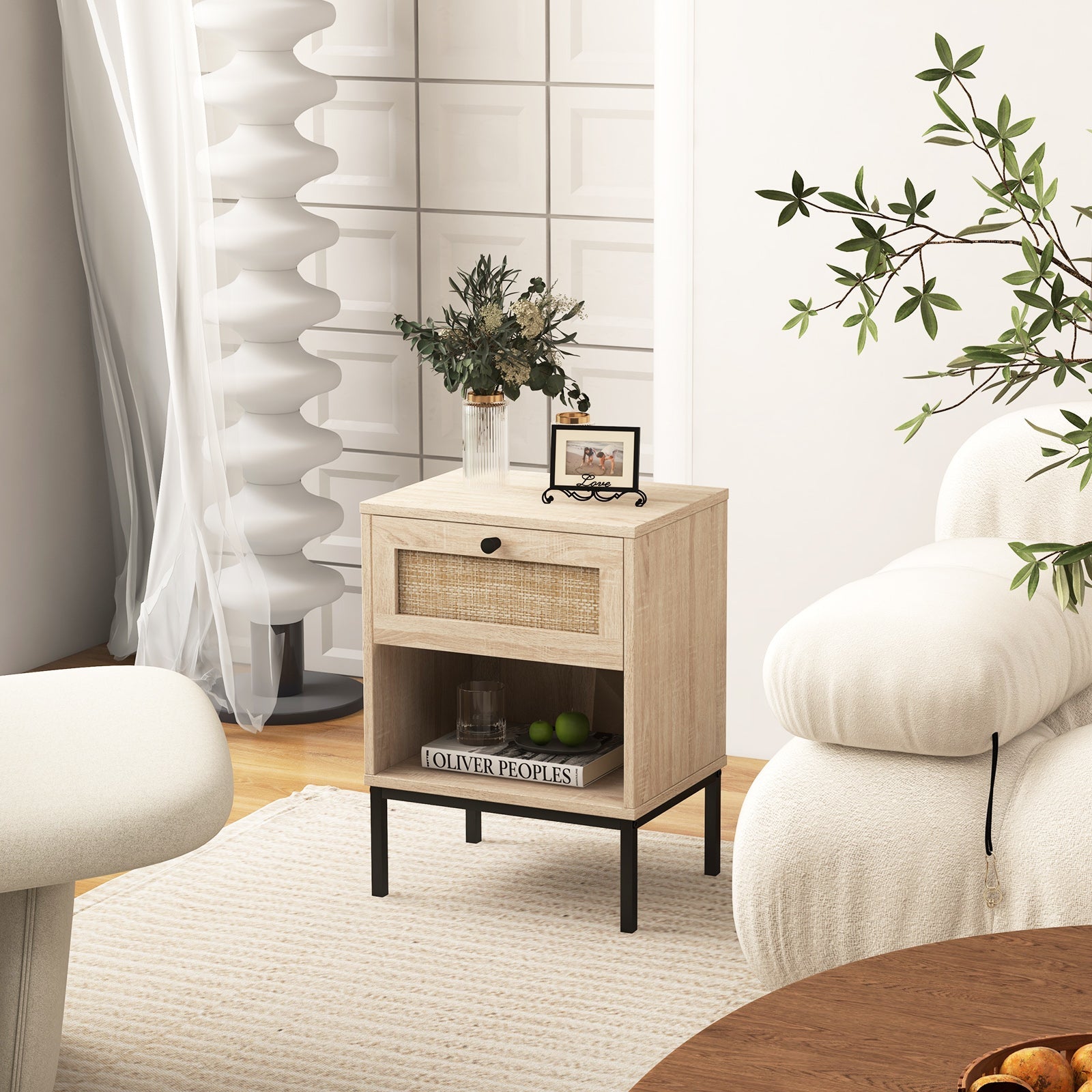 Rattan Nightstand Boho End Table with Rattan Drawer and Open Shelf