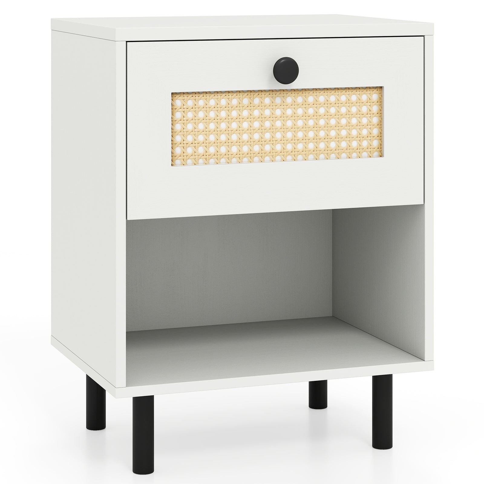 Rattan Nightstand Boho End Table with Rattan Drawer and Open Shelf