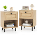 Rattan Nightstand Boho End Table with Rattan Drawer and Open Shelf Set of 2