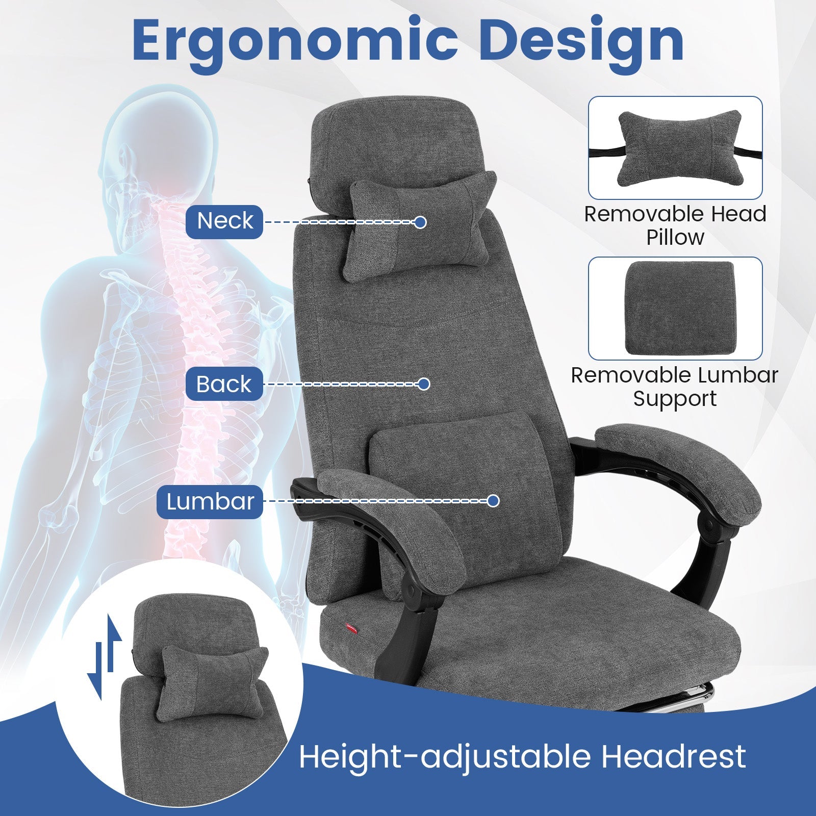 Reclining Office Chair Chenille Fabric Upholstered Computer Desk Chair-Gray