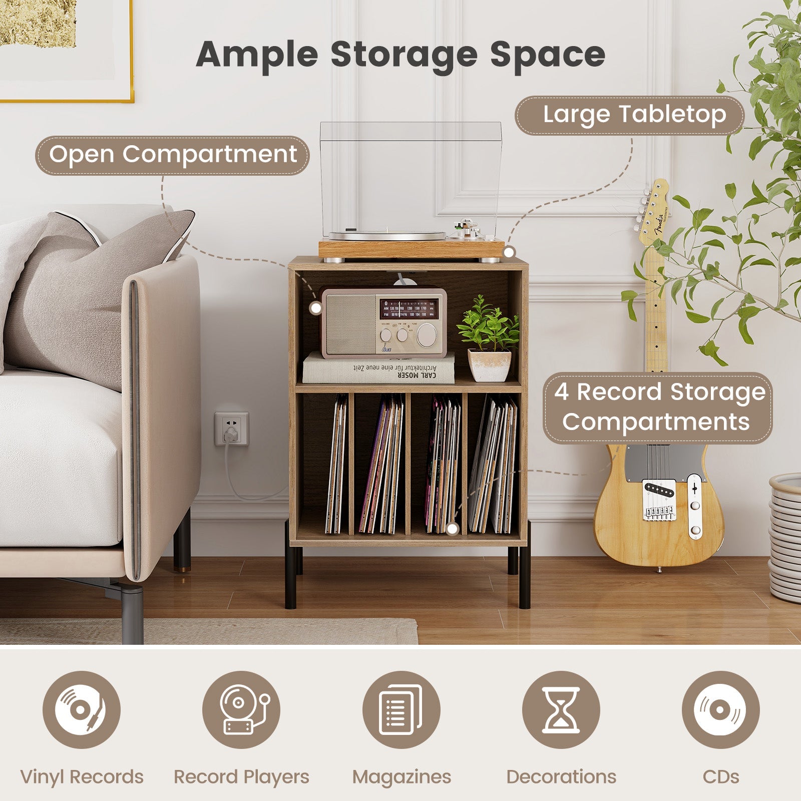 Record Player Stand with Record Storage Shelf and Charging Station