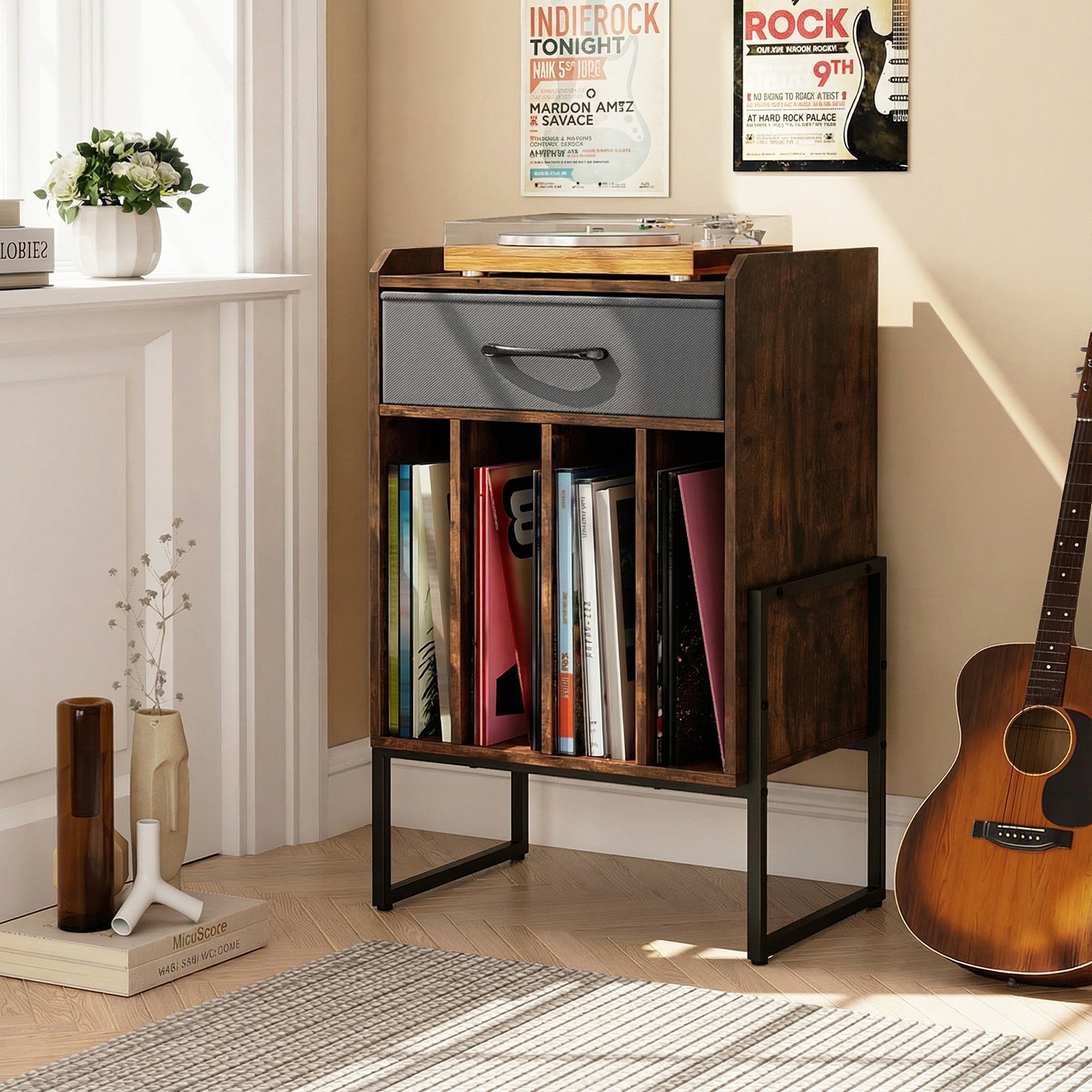 Record Player Stand with Drawer and Record Holder