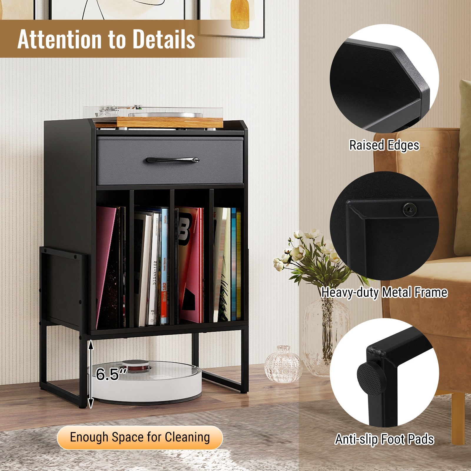 Record Player Stand with Drawer and Record Holder