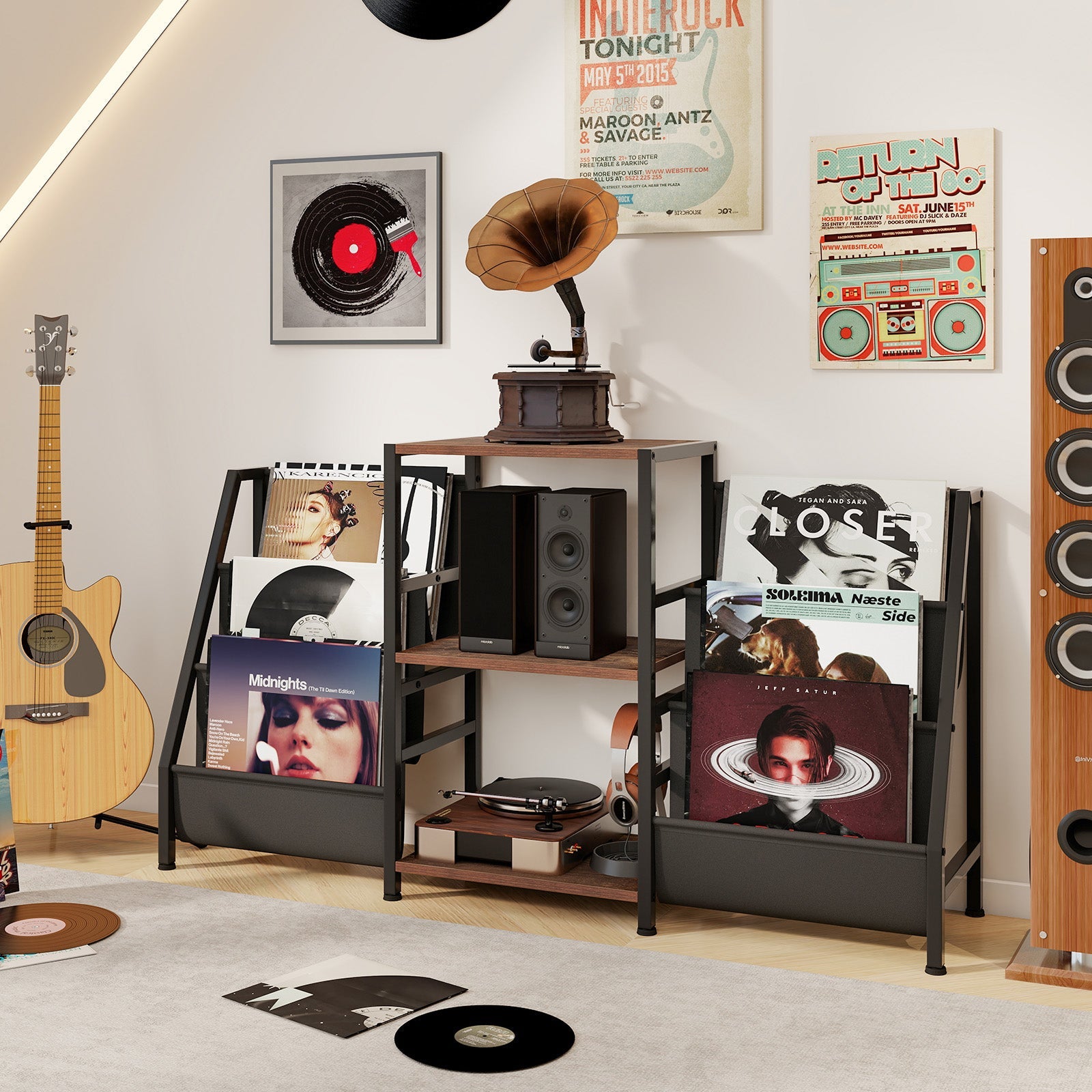 Record Player Stand for up to 200 Albums Turntable Display Stand with 3 Shelves