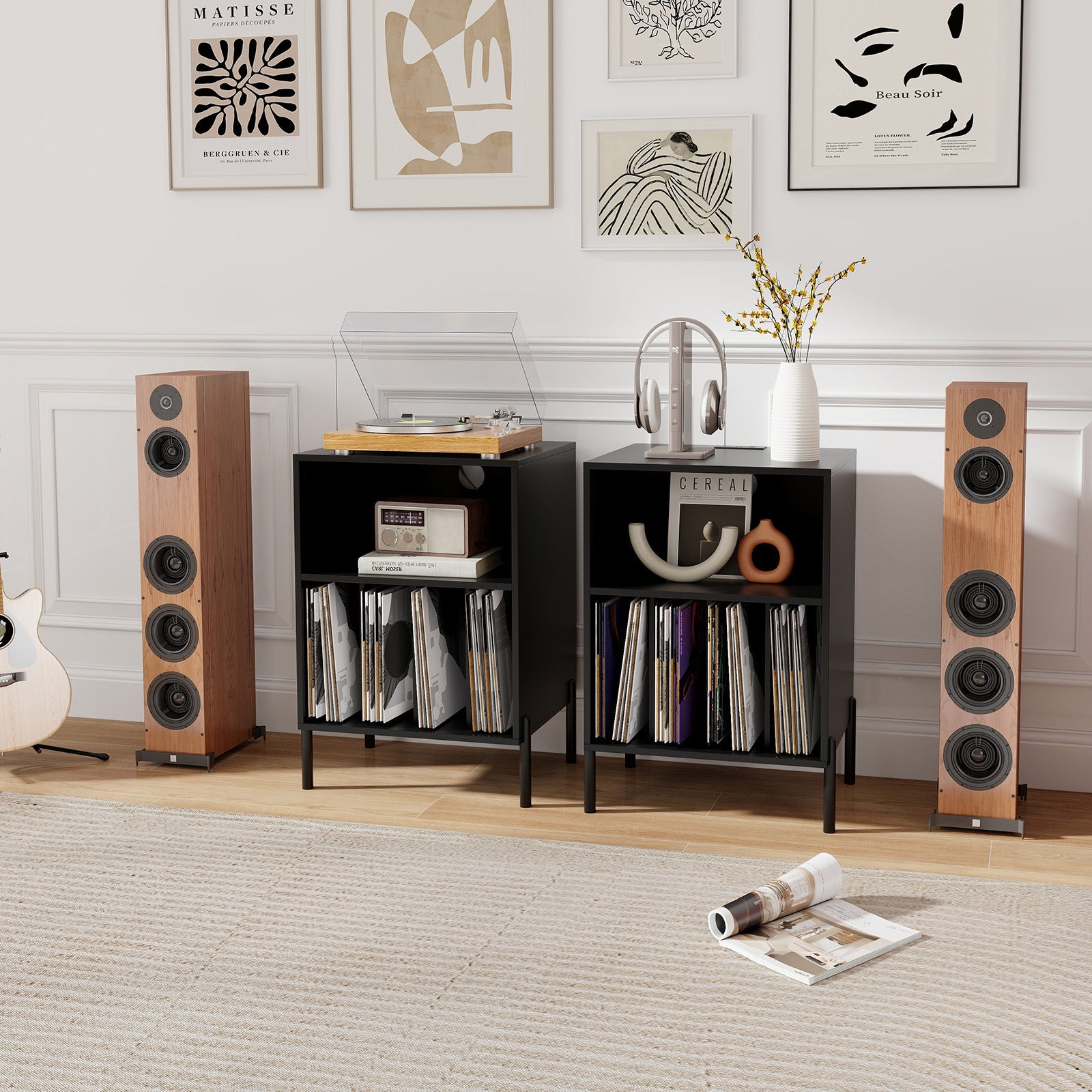 Record Player Stand with Record Storage Shelf and Charging Station
