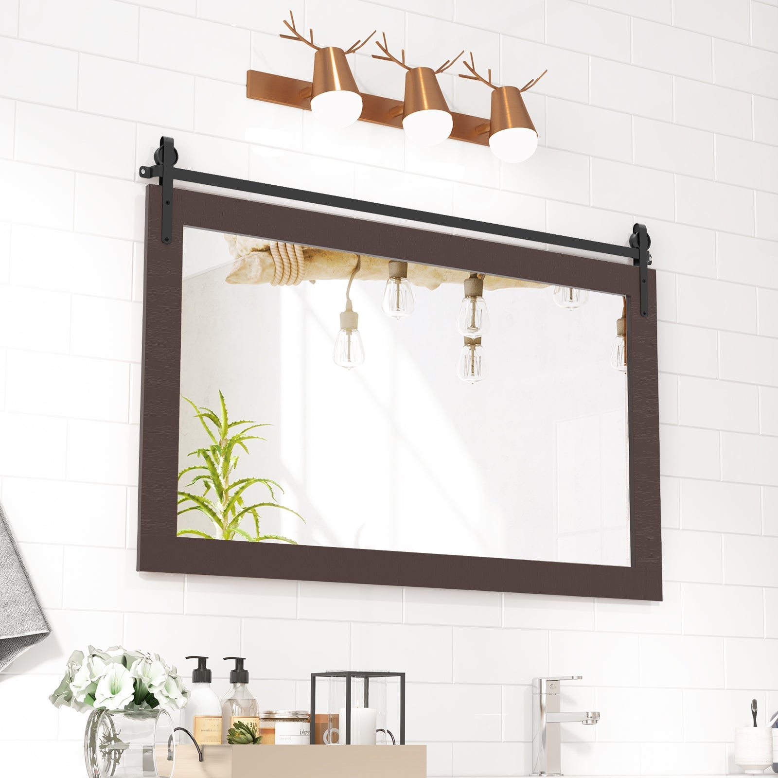 Rectangle Barn Door Style Wall Mounted Mirror with Solid Wood Frame