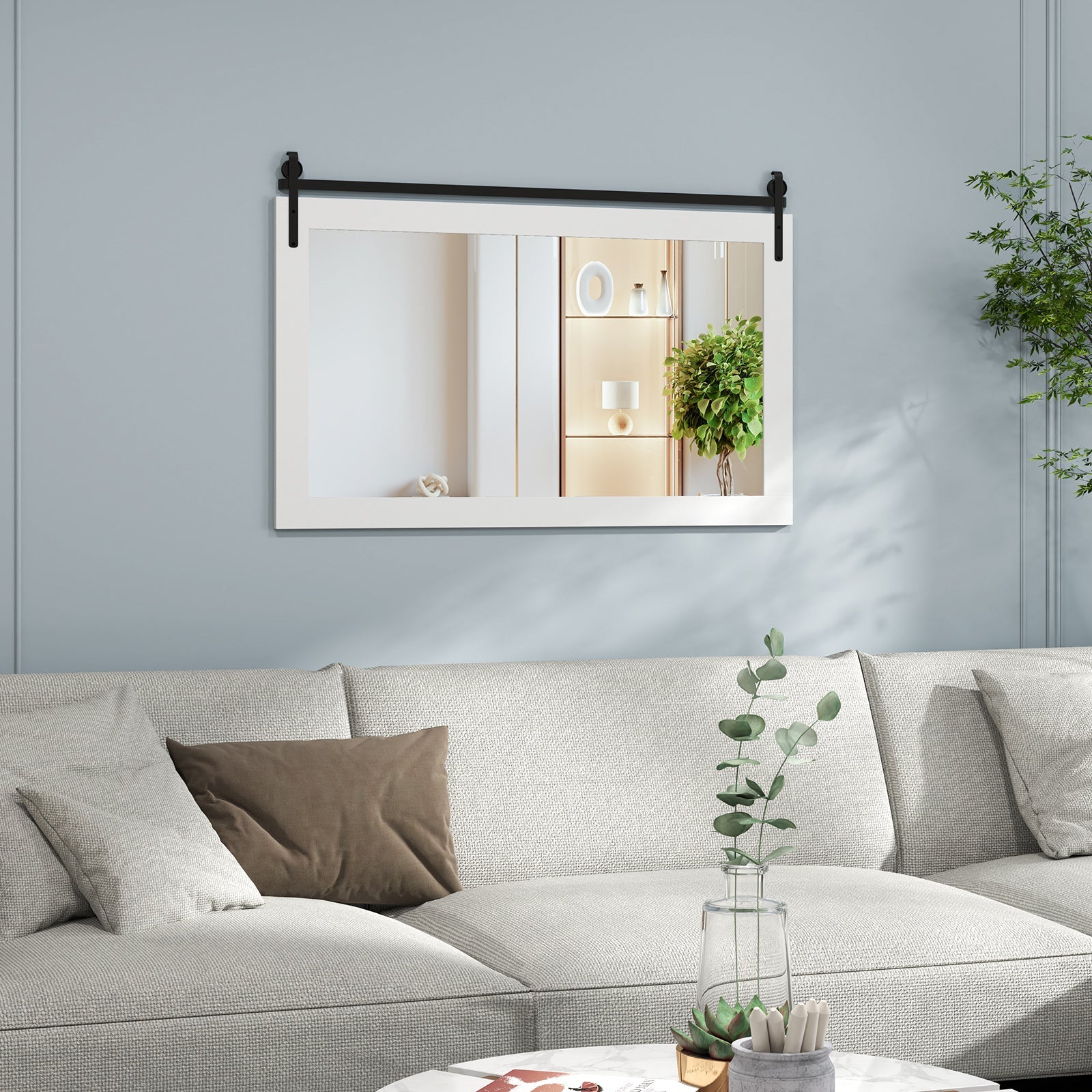Rectangle Barn Door Style Wall Mounted Mirror with Solid Wood Frame