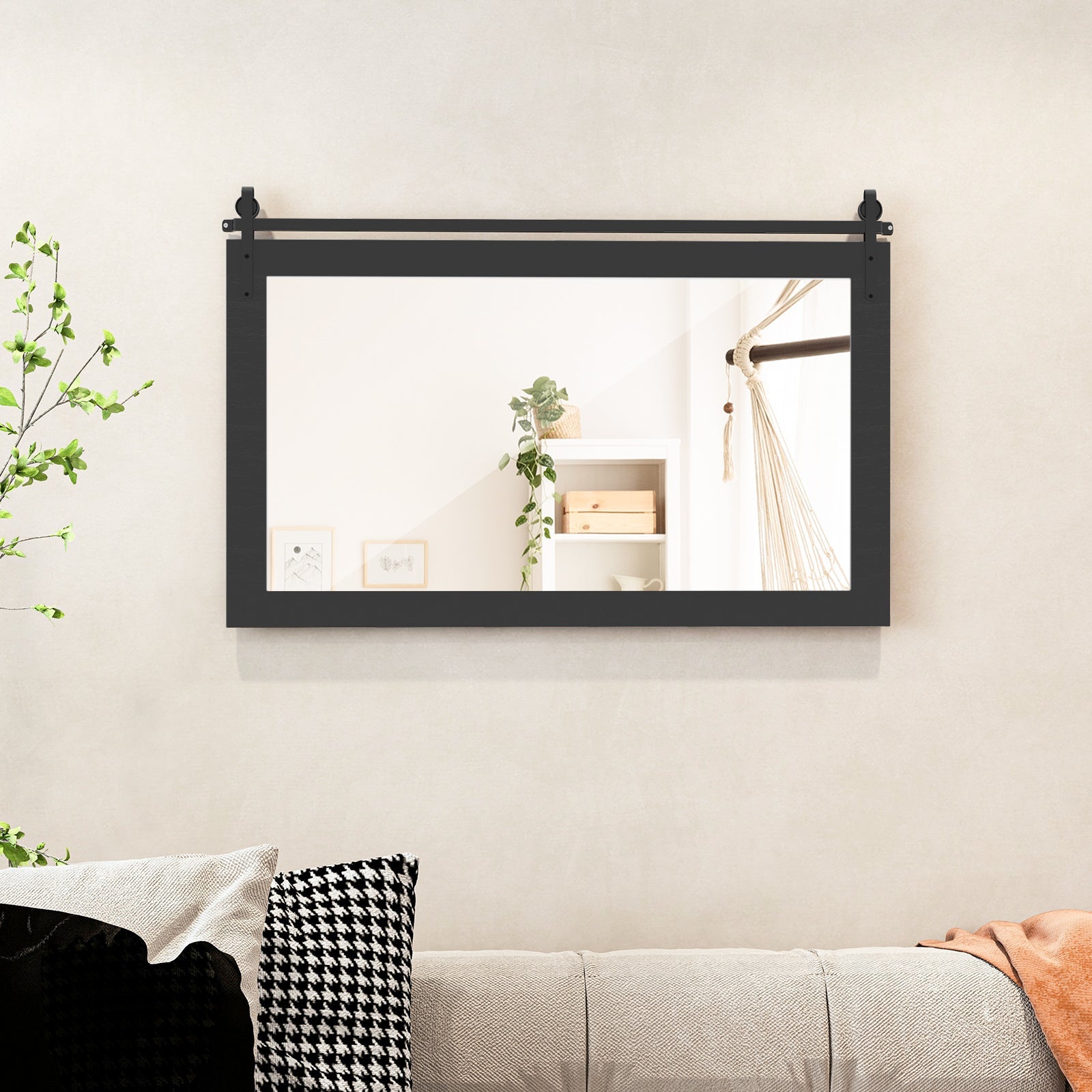 Rectangle Barn Door Style Wall Mounted Mirror with Solid Wood Frame