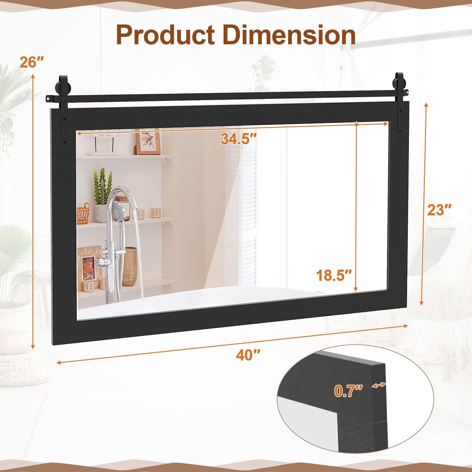 Rectangle Barn Door Style Wall Mounted Mirror with Solid Wood Frame