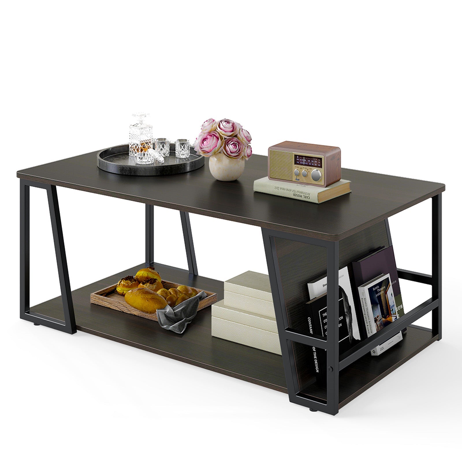 Rectangle Coffee Table 2-tier Industrial Accent Table with Storage Shelf and Compartment
