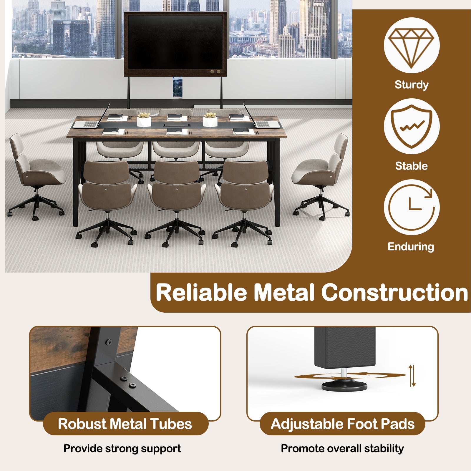 Rectangular Meeting Table with Mesh Storage Shelf and Cable Grommet-Rustic Brown
