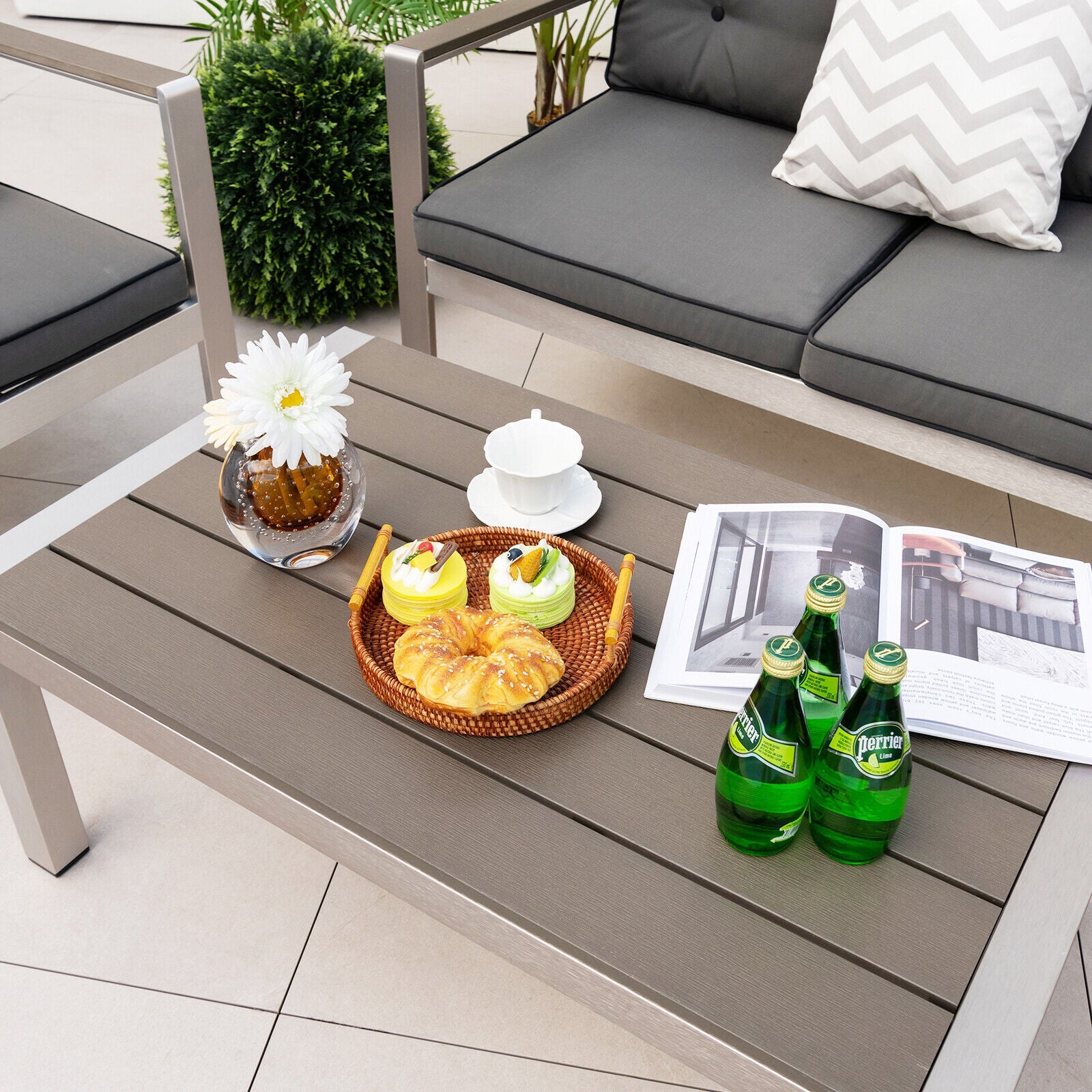 Modern Rectangular Patio Coffee Table with Plastic Wood Tabletop and Rustproof Aluminum Frame-Gray