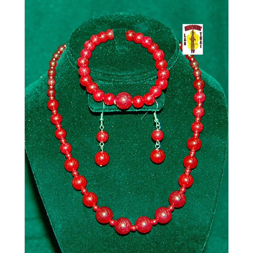 Red Agate Bead Jewelry Set 18" Necklace