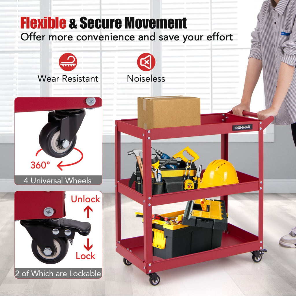 3-Tier Rolling Tool Cart with Spacious Shelves 4 Universal Wheels and 2 Brakes