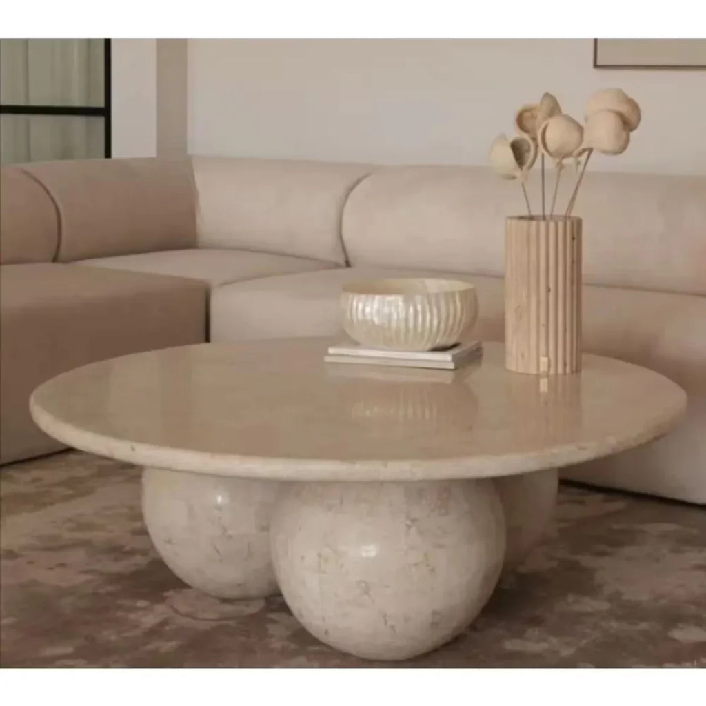Light Travertine Designer Round Coffee Table with Sphere Legs