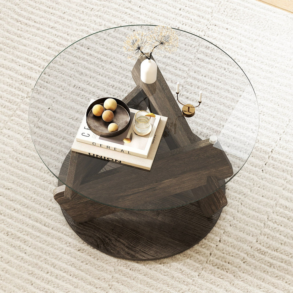 Round Glass Coffee Table 32 Inch Modern Center Table with Tempered Glass Top-Gray