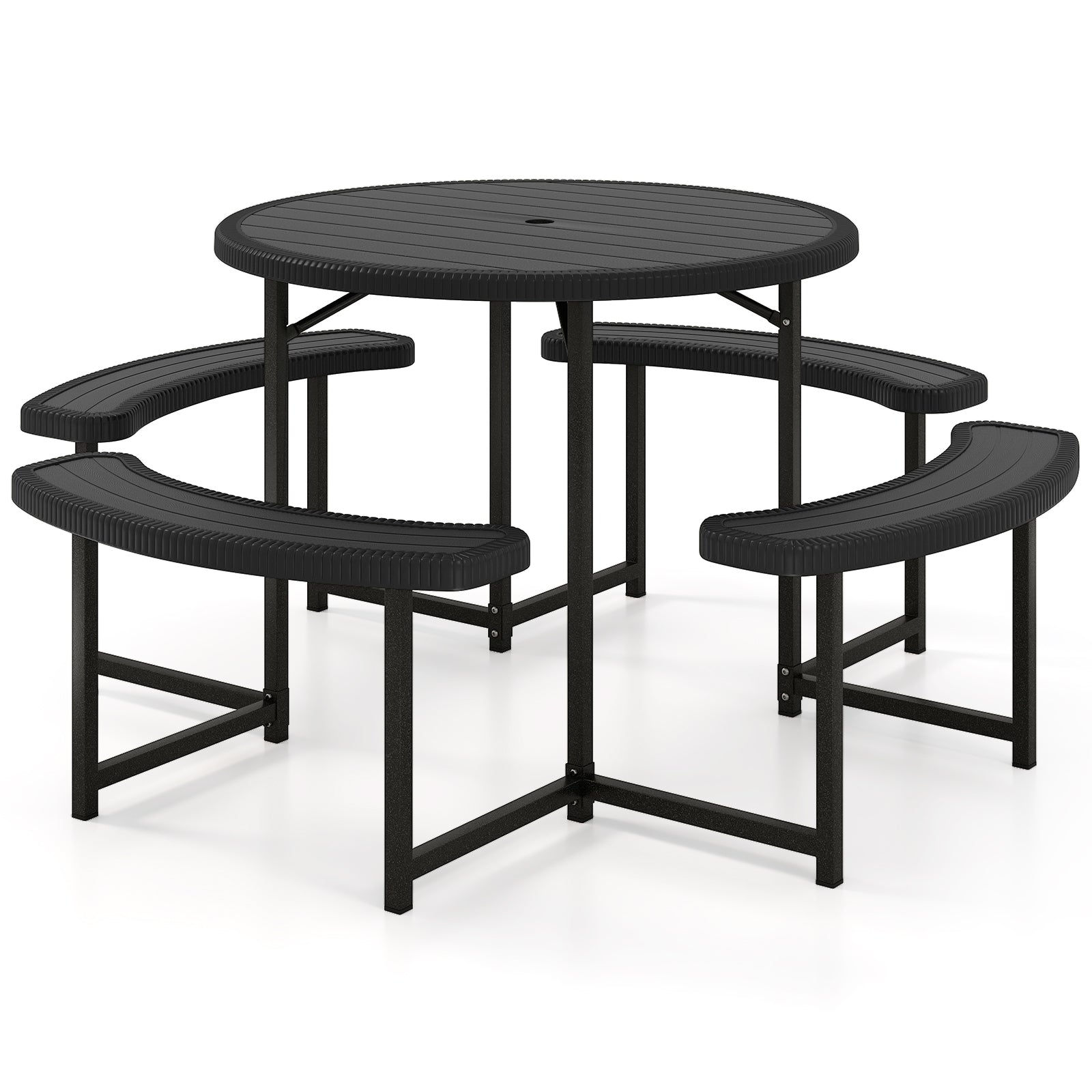 Round Picnic Table Bench Set with 4 Benches and Umbrella Hole for Patio Lawn