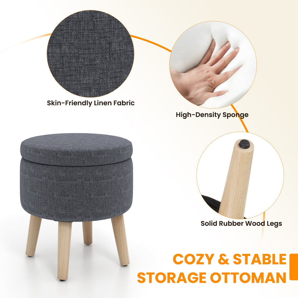 Round Storage Ottoman with Rubber Wood Legs and Adjustable Foot Pads