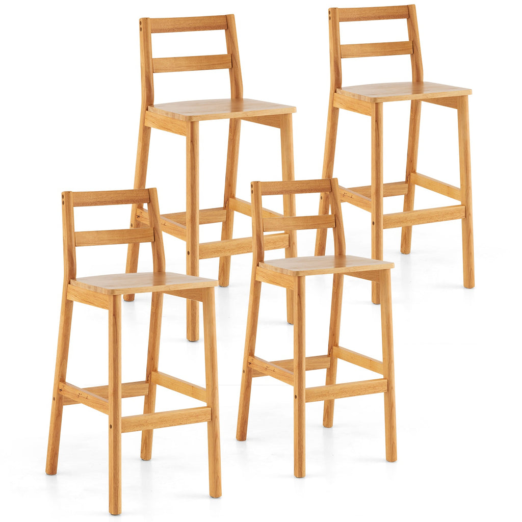 Set of 2 28 Inch Rubber Wood Armless Bar Stools with Backrest and Footrest-Natural
