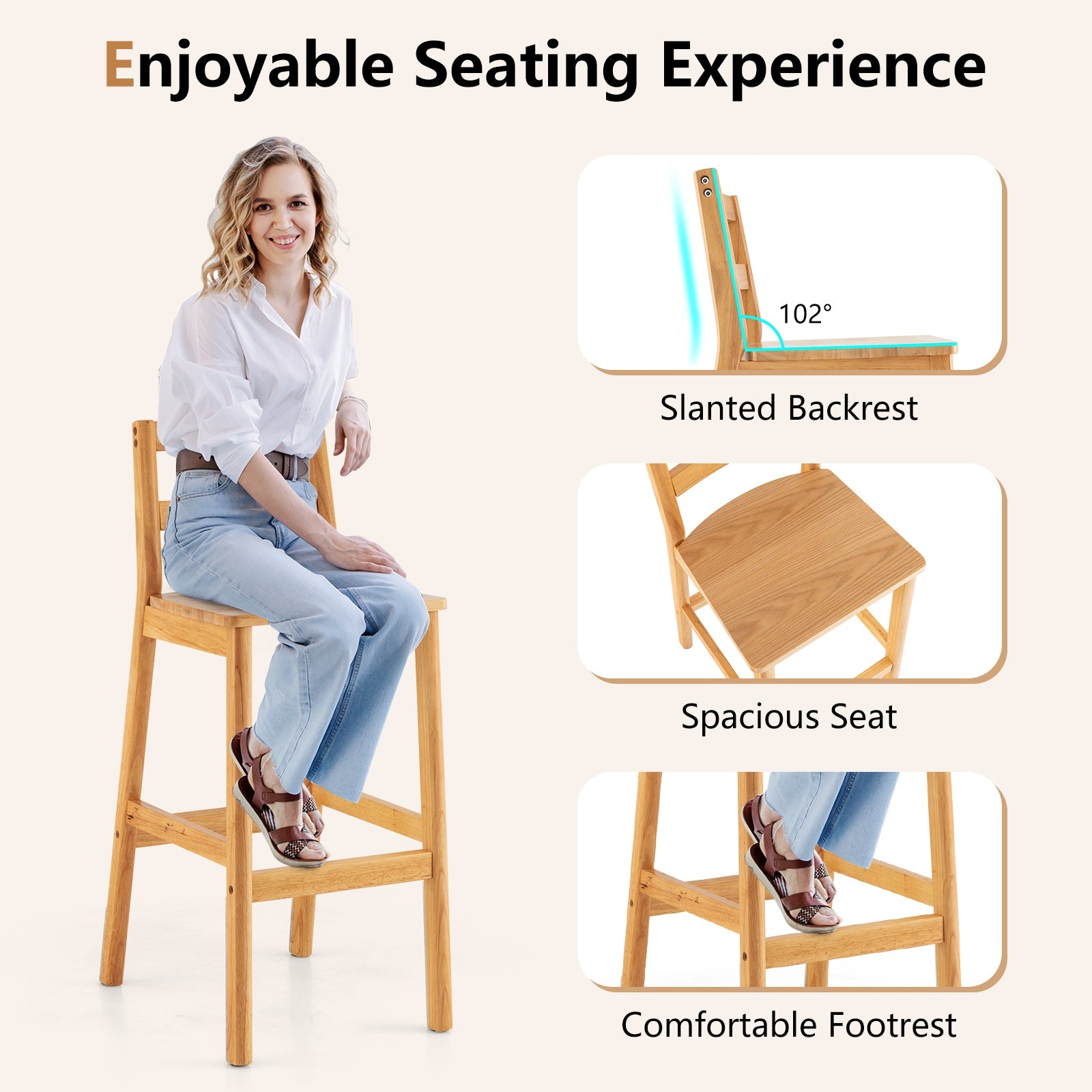 Set of 2 28 Inch Rubber Wood Armless Bar Stools with Backrest and Footrest-Natural