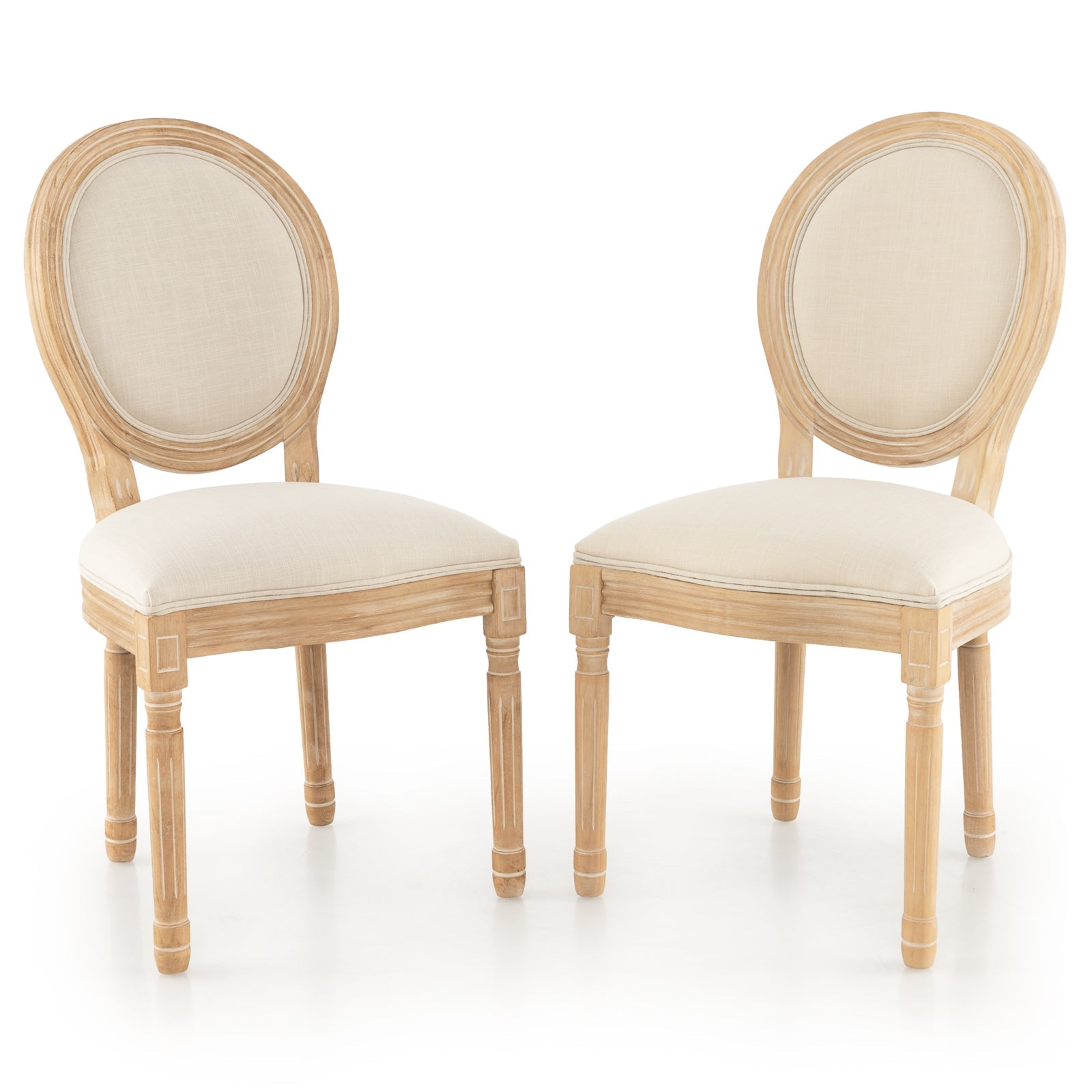 Rubber Wood Kitchen French Dining Chair Set of 2 with Sponge Padding and Round Backrest-Beige