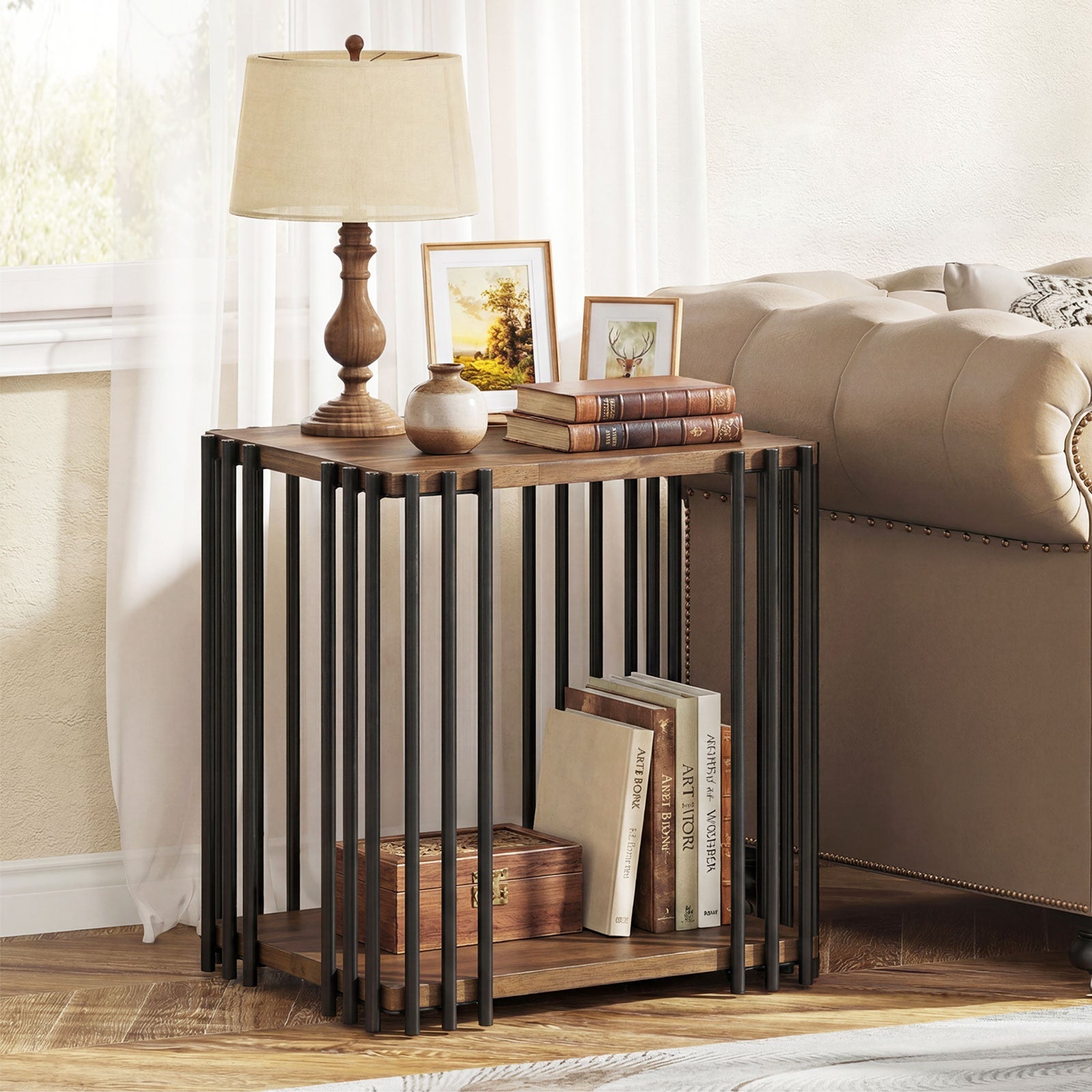 Rubber Wood Side Table with 2-Layer Storage Shelves and Metal Frame-Walnut