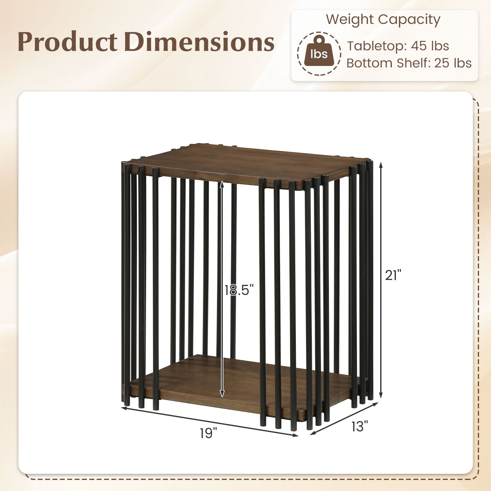 Rubber Wood Side Table Set of 2 with 2-Layer Storage Shelves and Metal Frame-Walnut