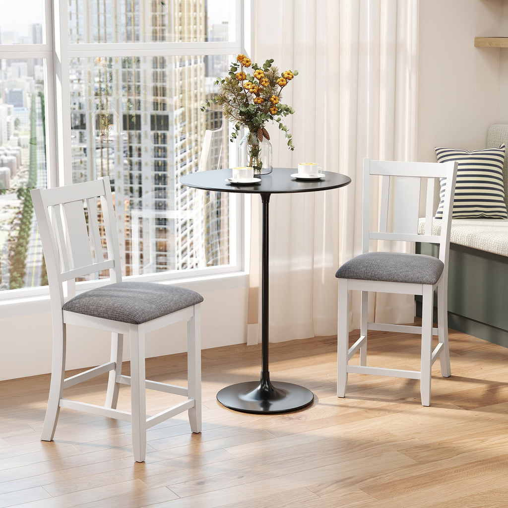 Rubber Wooden Bar Stools Set of 2 with Ergonomic Back and Comfortable Linen Cushion-White