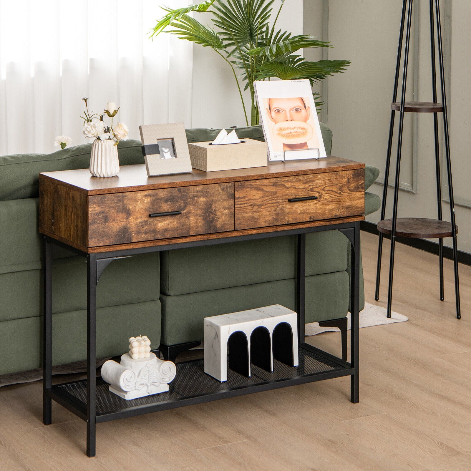 2 Drawers Console Table with Metal Frame for Living Room-Rustic Brown