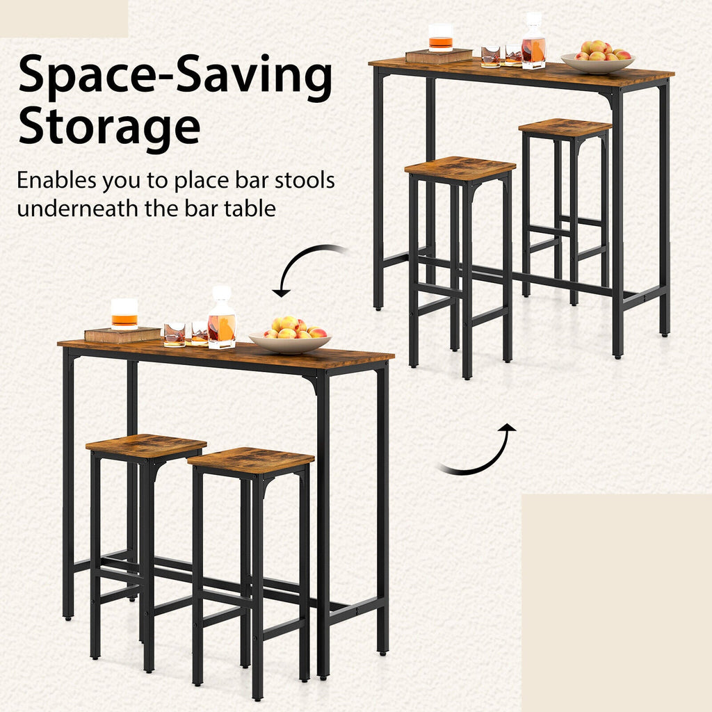 3 Pieces Industrial Bar Table and Chairs Set with Metal Frame-Rustic Brown