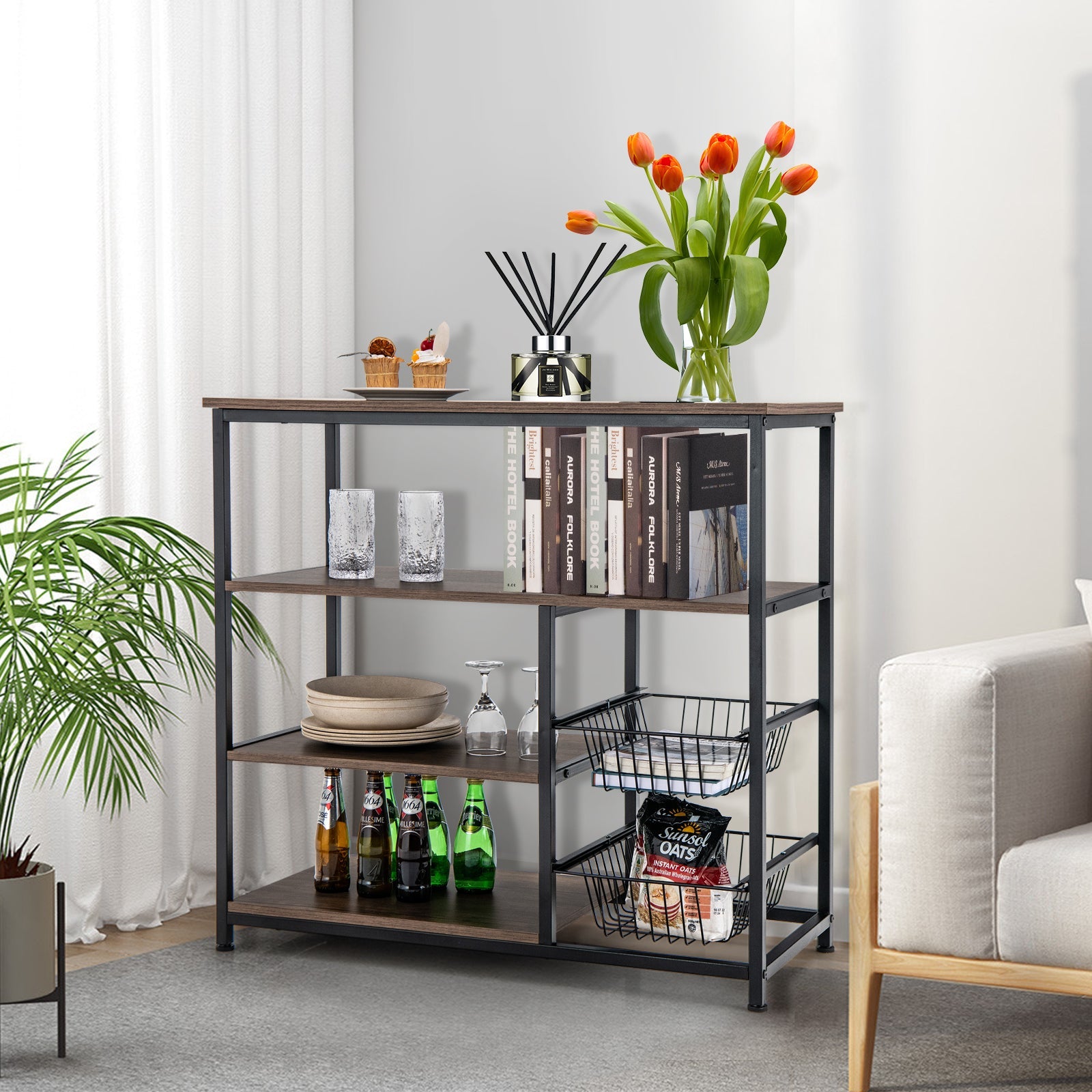 4-Tier Industrial Kitchen Baker's Rack with 2 Wire Baskets-Rustic Brown
