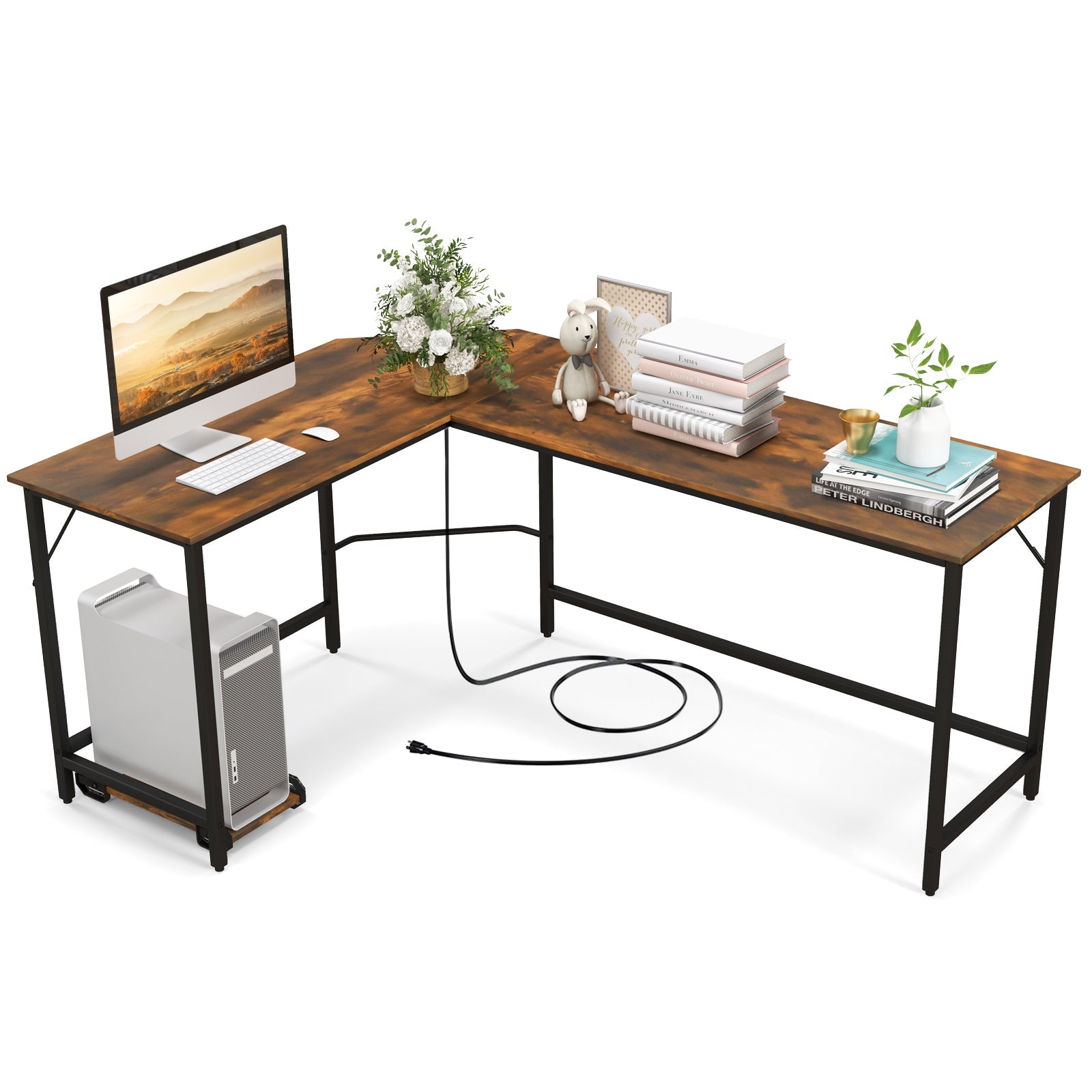 L-Shaped Computer Desk with CPU Stand Power Outlets and USB Ports