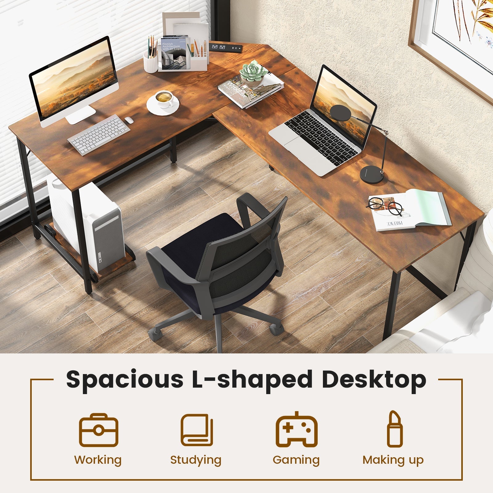 L-Shaped Computer Desk with CPU Stand Power Outlets and USB Ports