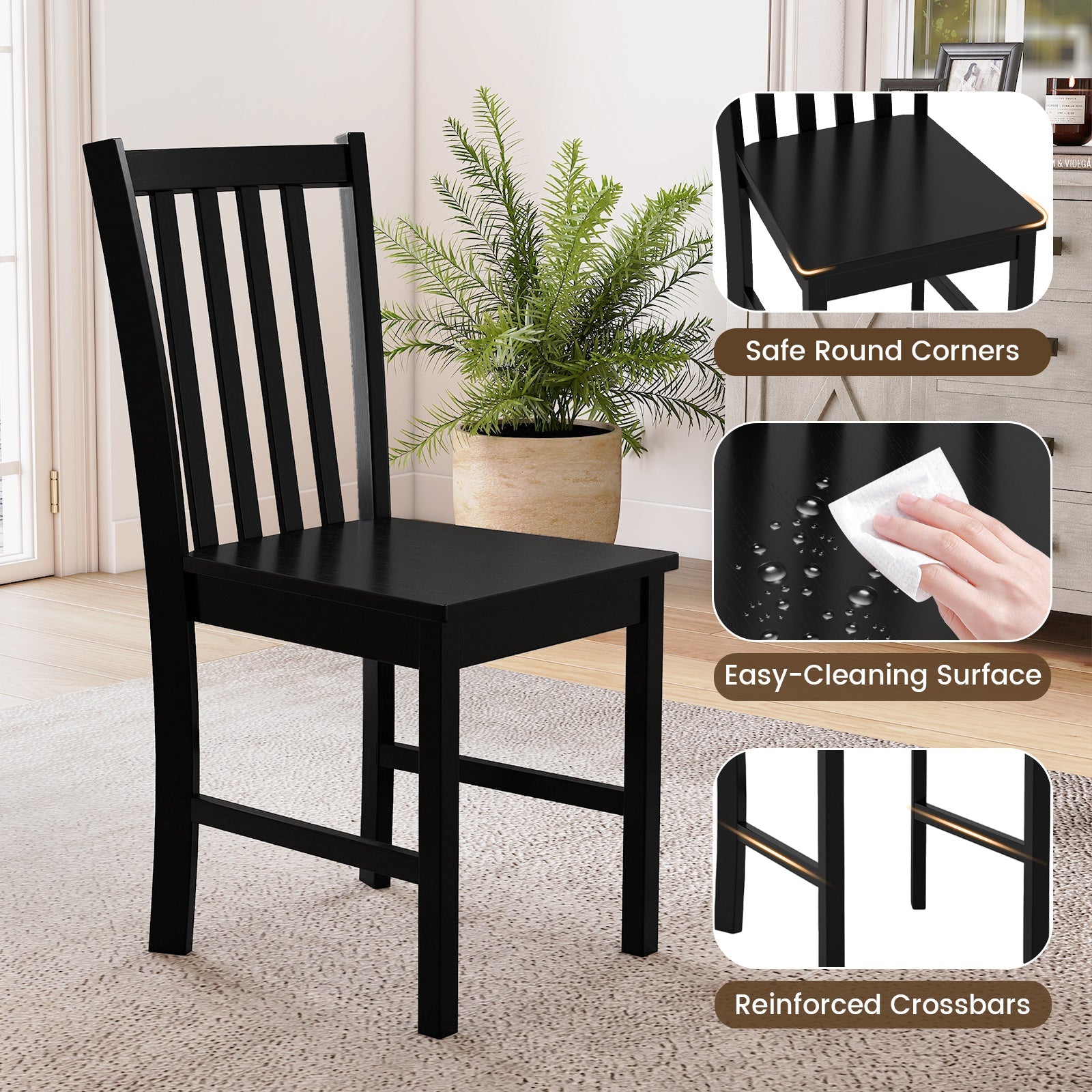 Rustic Dining Chairs Set of 2 Wooden Kitchen Chairs with Slat Tilt Backrest