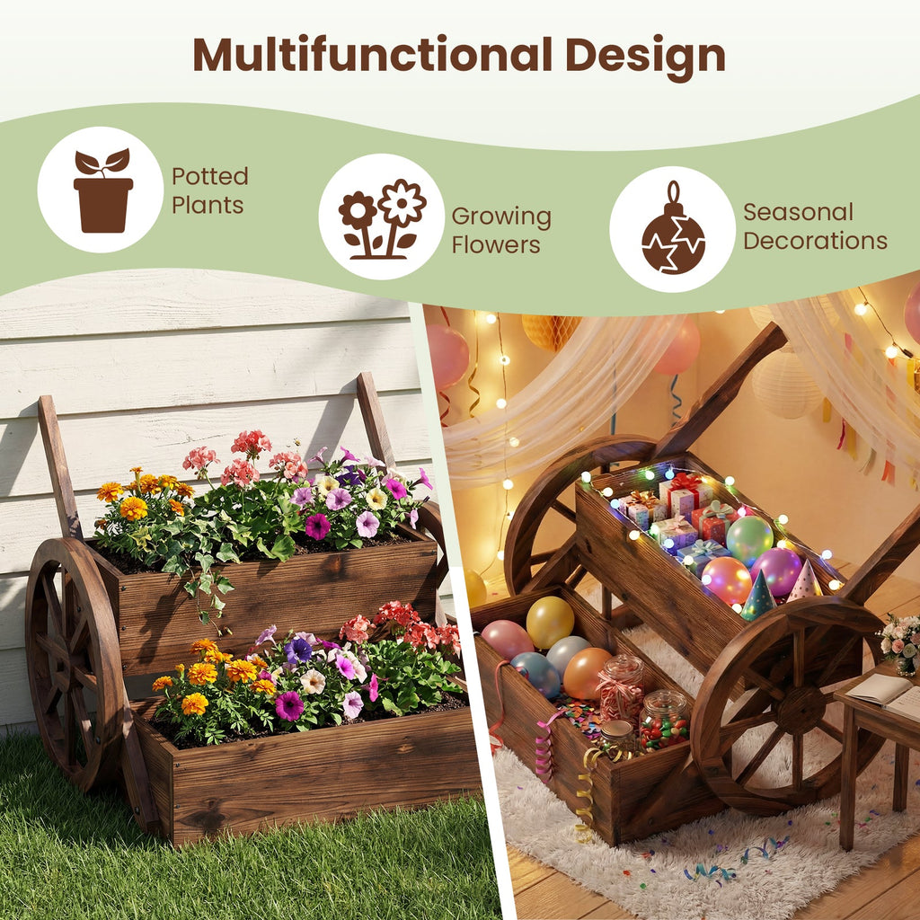 Rustic Wood Wagon Planter 2-Tier Versatile Raised Garden Bed with Wheels-Brown