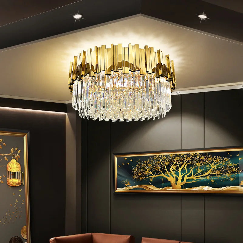 DecorBites™ Gold Crystal Ceiling Lamp: Modern LED Lighting Fixtures for Luxurious Living Rooms.