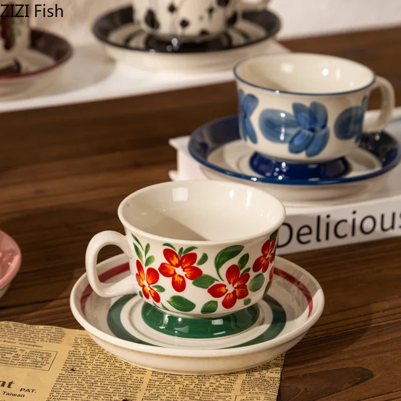 DecorBites™ Flowers Pattern Ceramic Cup&saucer Set Gold-plated Coffee Tea Mug Juice Container