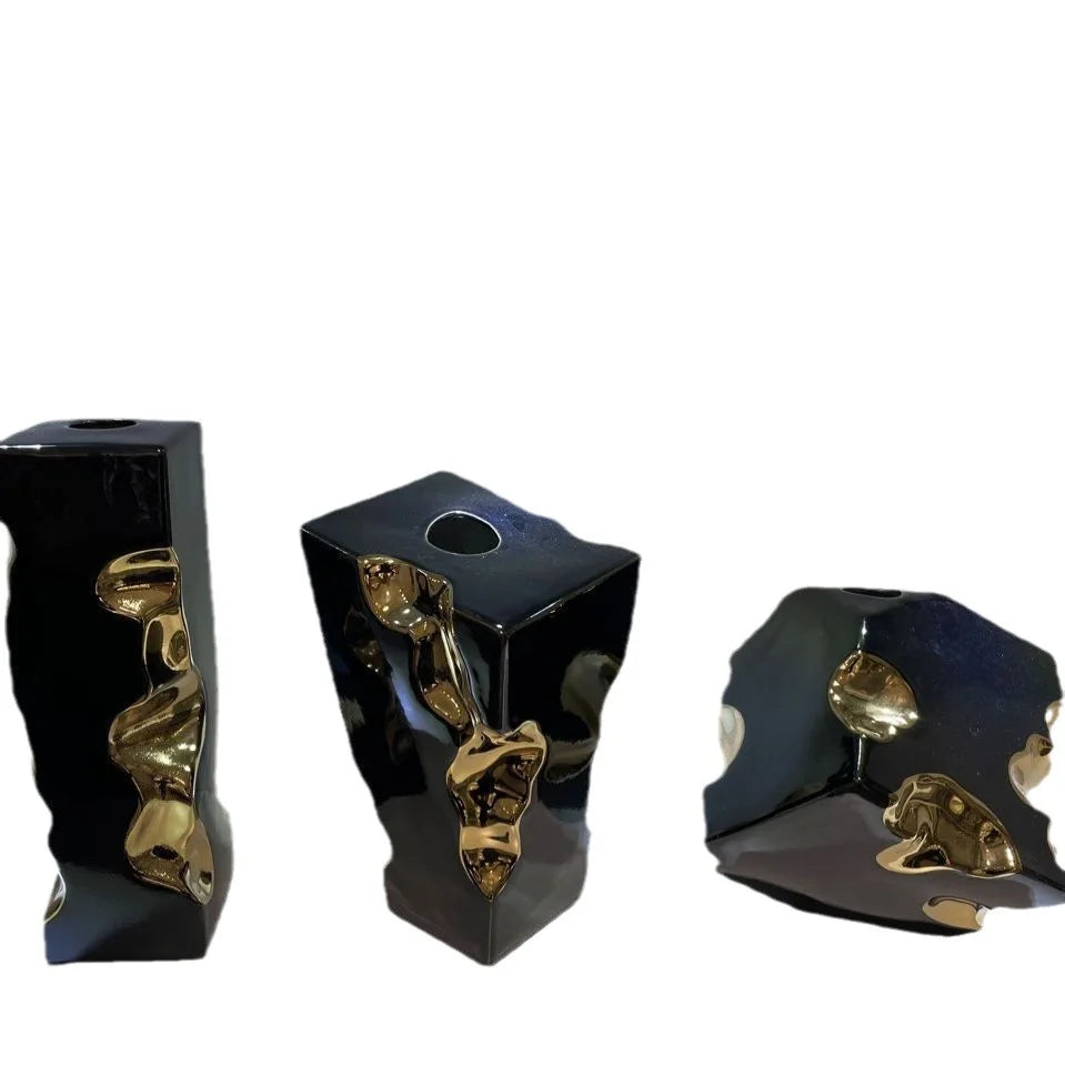 DecorBites™ Golden Notch Ceramic Vase Geometric Square Design Home Decor Accessory