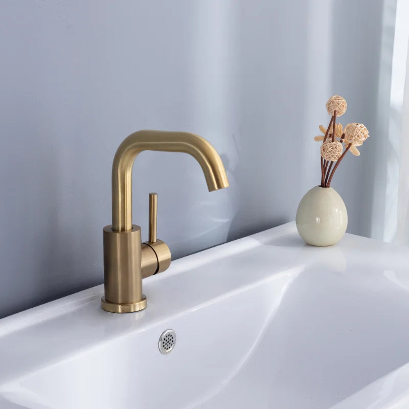 DecorBites™ Brushed Gold Basin Faucet Single Handle Deck Mounted Cold Hot Mixer Tap