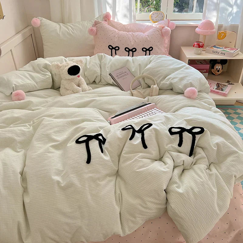 DecorBites™ Korean Princess Bow Lattice Pompom Bedding Set - Single Queen Size