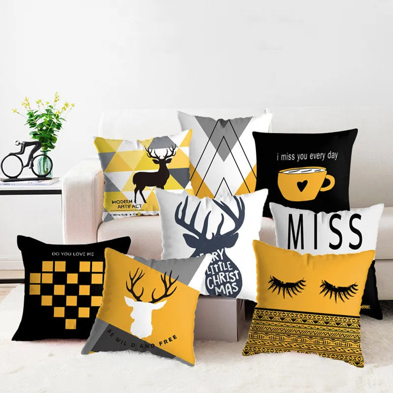 DecorBites™ Geometric Deer Print Pillowcase 45x45cm - Yellow Home Decor