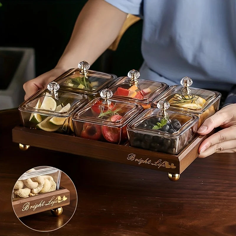DecorBites™ Light Luxury Glass Fruit Plate with Bamboo Wood Compartment