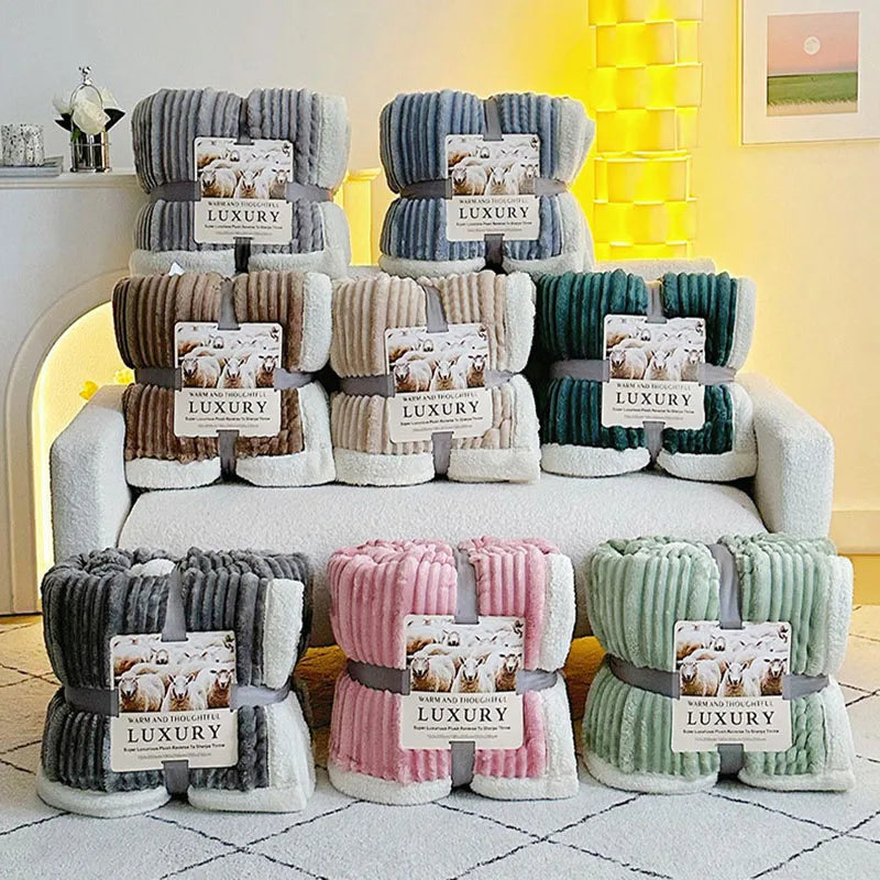 DecorBites™ Cozy Lamb Wool Plush Blanket for Adults: Soft, Thickened, Multi-Use Ribbed Shawl