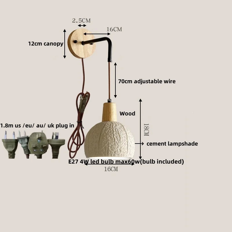 DecorBites™ Adjustable Wall Lights Pull Chain Switch Wood Socket Cement Modern Bedside Lamp