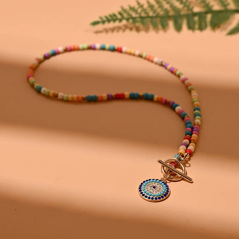 Colorful Stone Choker Necklace | Round Evil Charm Pendant for Women